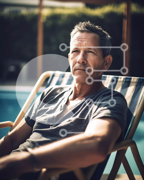 Intra Συλλεκτικό Ξύλινο Παζλ Plywood  4mm - Σοβαρός άνδρας που κάθεται δίπλα στην πισίνα με φοίνικες στο παρασκήνιο Σε Ξύλινο Κουτί - Διαστάσεις Puzzle: 10x10 cm – 25 κομμάτια