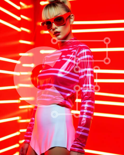 Intra Συλλεκτικό Ξύλινο Παζλ Plywood  4mm - Κομψή γυναίκα με ροζ και λευκό στολή με κόκκινα φώτα νέον Σε Ξύλινο Κουτί - Διαστάσεις Puzzle: 10x10 cm – 25 κομμάτια