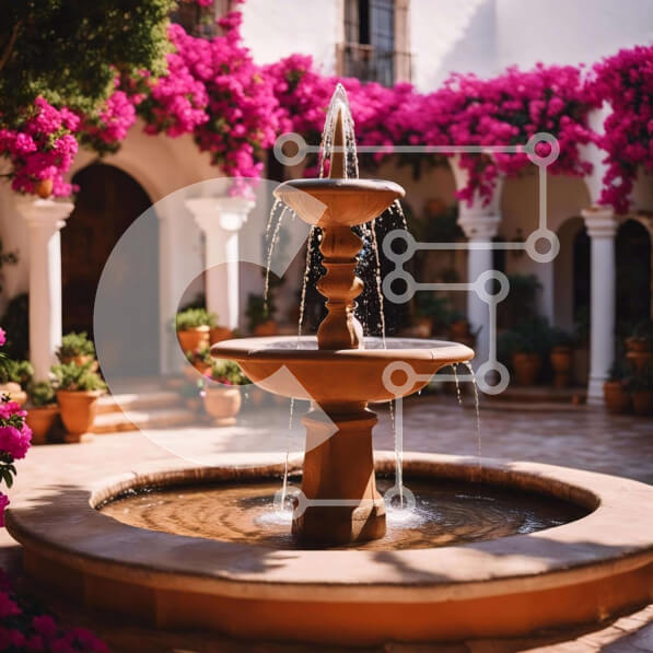 Intra Συλλεκτικό Ξύλινο Παζλ Plywood  4mm - Υπαίθριο συντριβάνι αυλής με ροζ λουλούδια Σε Ξύλινο Κουτί - Διαστάσεις Puzzle: 10x10 cm – 25 κομμάτια