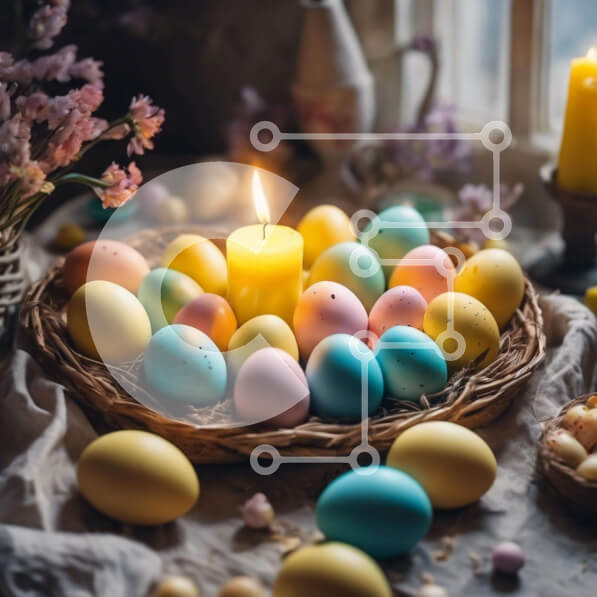 Intra Συλλεκτικό Ξύλινο Παζλ Plywood  4mm - Πολύχρωμα Πασχαλινά αυγά, κεριά και λουλούδια σε ένα καλάθι Σε Ξύλινο Κουτί - Διαστάσεις: 10x10 cm – 25 κομμάτια