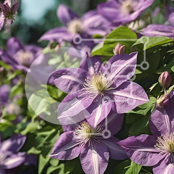 Intra Συλλεκτικό Ξύλινο Παζλ Plywood  4mm - Ανθισμένα πορφυρά λουλούδια Clematis στον κήπο Σε Ξύλινο Κουτί - Διαστάσεις: 10x10 cm – 25 κομμάτια