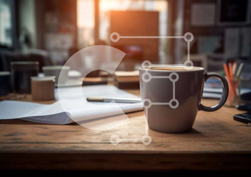 Intra Συλλεκτικό Ξύλινο Παζλ Plywood  4mm - Φλιτζάνι καφέ σε ξύλινο γραφείο με είδη γραφείου Σε Ξύλινο Κουτί - Διαστάσεις Puzzle: 10x10 cm – 25 κομμάτια