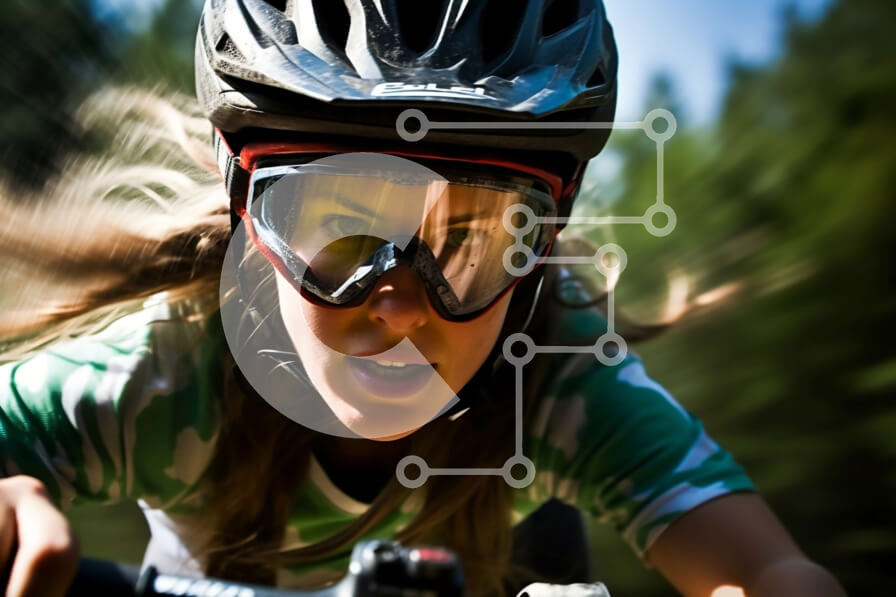 Intra Συλλεκτικό Ξύλινο Παζλ Plywood  4mm - Περιπετειώδης γυναίκα για ορεινή ποδηλασία κάτω από το μονοπάτι με πράσινο κράνος και γυαλιά Σε Ξύλινο Κουτί - Διαστάσεις Puzzle: 10x10 cm – 25 κομμάτια