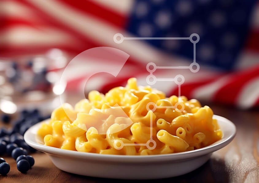 Σετ των 2 Intra Συλλεκτικό Ξύλινο Παζλ Plywood  4mm - Αμερικανικά μακαρόνια και τυρί με βατόμουρα μπροστά από την αμερικανική σημαία Σε Ξύλινο Κουτί - Διαστάσεις: 10x10 cm – 25 κομμάτια