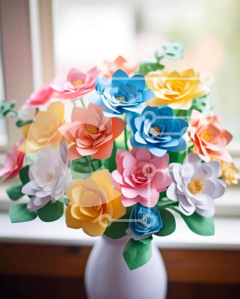 Intra Συλλεκτικό Ξύλινο Παζλ Plywood  4mm - Πολύχρωμα χάρτινα λουλούδια σε λευκό βάζο Σε Ξύλινο Κουτί - Διαστάσεις Puzzle: 10x10 cm – 25 κομμάτια