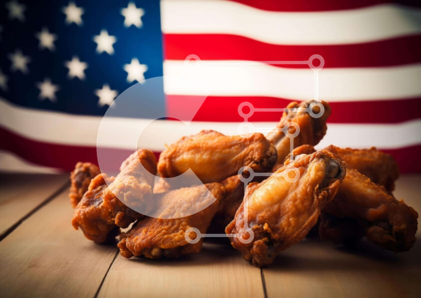 Σετ των 2 Intra Συλλεκτικό Ξύλινο Παζλ Plywood  4mm - Φρεσκοπαρασκευασμένες φτερούγες κοτόπουλου σε ξύλινο τραπέζι με αμερικανική σημαία Σε Ξύλινο Κουτί - Διαστάσεις: 10x10 cm – 25 κομμάτια