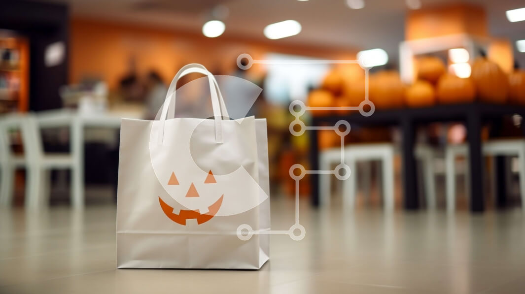 Intra Συλλεκτικό Ξύλινο Παζλ Plywood  4mm - Χάρτινη τσάντα Halloween Jack-O-Lantern στο εστιατόριο Σε Ξύλινο Κουτί - Διαστάσεις Puzzle: 10x10 cm – 25 κομμάτια