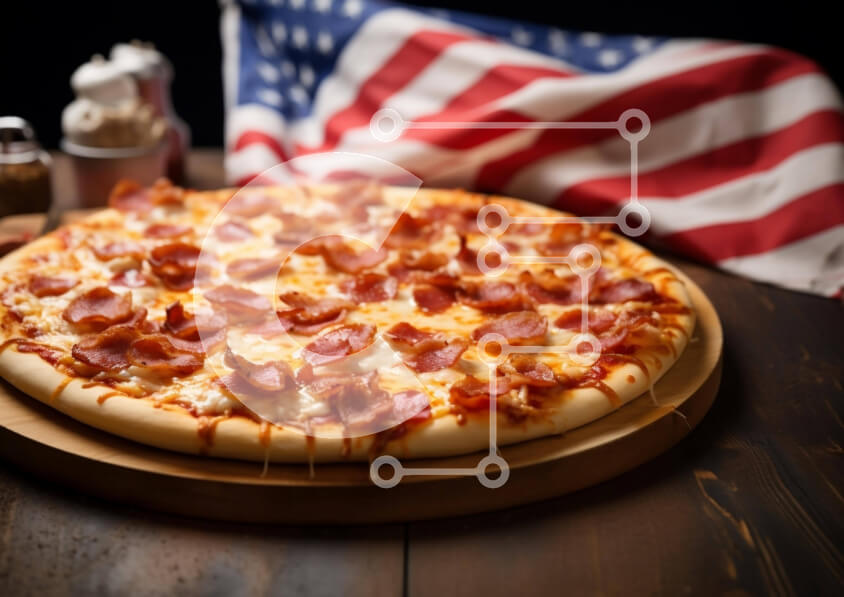 Σετ των 2 Intra Συλλεκτικό Ξύλινο Παζλ Plywood  4mm - Πίτσα με μπέικον και τυρί σε σανίδα αμερικανικής σημαίας με κρασί Σε Ξύλινο Κουτί - Διαστάσεις: 10x10 cm – 25 κομμάτια