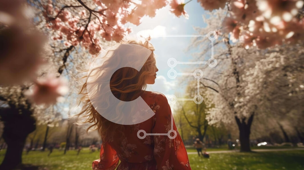 Intra Συλλεκτικό Ξύλινο Παζλ Plywood  4mm - Γυναίκα με μακριά σγουρά μαλλιά στο πάρκο Cherry Blossom Σε Ξύλινο Κουτί - Διαστάσεις: 10x10 cm – 25 κομμάτια