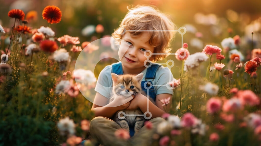 Intra Συλλεκτικό Ξύλινο Παζλ Plywood  4mm - Ειρηνική εικόνα ενός νεαρού αγοριού με γατάκι σε ένα χωράφι με αγριολούλουδα Σε Ξύλινο Κουτί - Διαστάσεις Puzzle: 10x10 cm – 25 κομμάτια