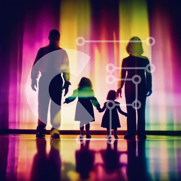 Intra Συλλεκτικό Ξύλινο Παζλ Plywood  4mm - Ευτυχισμένη οικογενειακή σιλουέτα μπροστά από πολύχρωμο φωτισμένο σκηνικό Σε Ξύλινο Κουτί - Διαστάσεις Puzzle: 10x10 cm – 25 κομμάτια