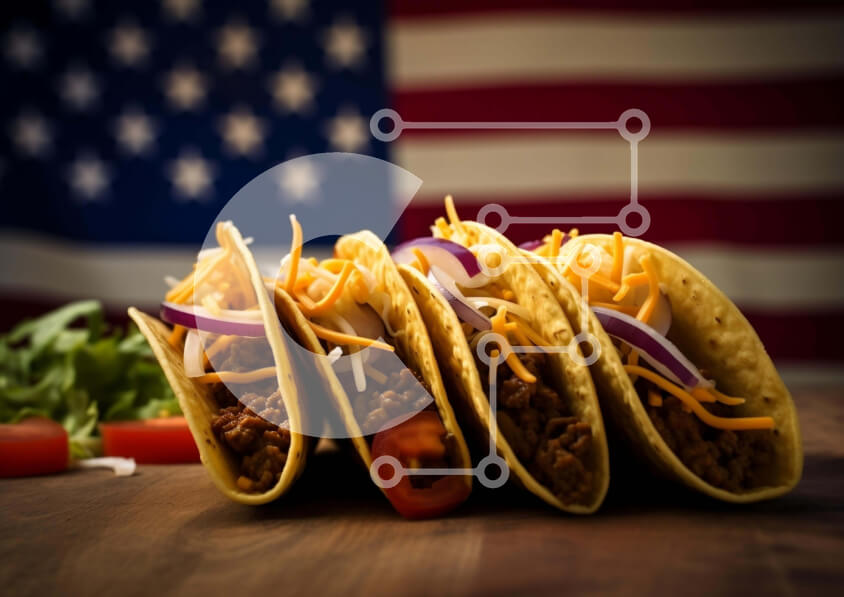 Σετ των 2 Intra Συλλεκτικό Ξύλινο Παζλ Plywood  4mm - Τρία Tacos σε ξύλινο τραπέζι με αμερικανική σημαία Σε Ξύλινο Κουτί - Διαστάσεις: 10x10 cm – 25 κομμάτια