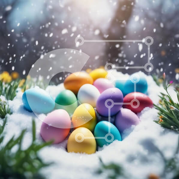 Intra Συλλεκτικό Ξύλινο Παζλ Plywood  4mm - Πολύχρωμα Πασχαλινά αυγά στο χιόνι - χαρούμενη γιορτή διακοπών Σε Ξύλινο Κουτί - Διαστάσεις: 10x10 cm – 25 κομμάτια