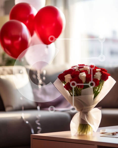 Intra Συλλεκτικό Ξύλινο Παζλ Plywood  4mm - Ρομαντικό μπουκέτο με κόκκινα τριαντάφυλλα στο τραπέζι με μπαλόνια Σε Ξύλινο Κουτί - Διαστάσεις Puzzle: 10x10 cm – 25 κομμάτια