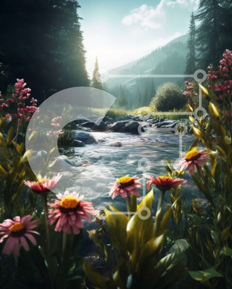 Intra Συλλεκτικό Ξύλινο Παζλ Plywood  4mm - Γραφική θέα ενός ποταμού και των ροζ αγριολούλουδων σε μια ορεινή κοιλάδα Σε Ξύλινο Κουτί - Διαστάσεις: 10x10 cm – 25 κομμάτια