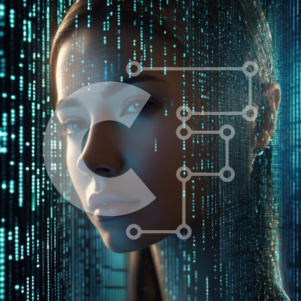 Intra Συλλεκτικό Ξύλινο Παζλ Plywood  4mm - Γυναίκα μπροστά από δυαδικές κωδικοποιημένες γραμμές - Μέλλον της τεχνητής νοημοσύνης και της ρομποτικής Σε Ξύλινο Κουτί - Διαστάσεις Puzzle: 10x10 cm – 25 κομμάτια