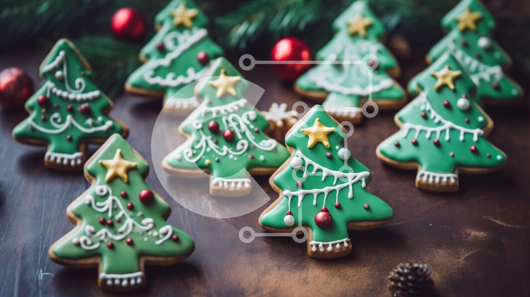 Σετ των 2 Intra Συλλεκτικό Ξύλινο Παζλ Plywood  4mm - Πράσινα μπισκότα χριστουγεννιάτικου δέντρου σε ξύλινο τραπέζι Σε Ξύλινο Κουτί - Διαστάσεις: 10x10 cm – 25 κομμάτια