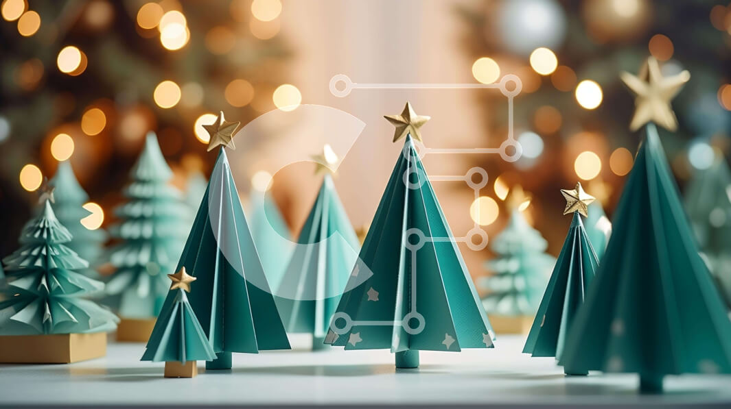 Intra Συλλεκτικό Ξύλινο Παζλ Plywood  4mm - Ομάδα πράσινα χριστουγεννιάτικα δέντρα Origami σε φωτισμένο φόντο Σε Ξύλινο Κουτί - Διαστάσεις: 10x10 cm – 25 κομμάτια