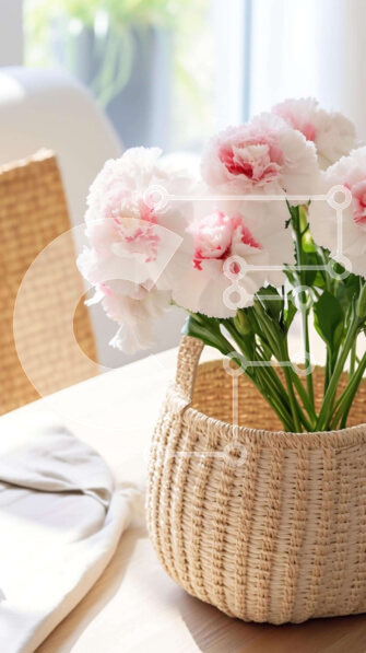 Σετ των 2 Intra Συλλεκτικό Ξύλινο Παζλ Plywood  4mm - Ψάθινο καλάθι με ροζ και λευκά λουλούδια στην τραπεζαρία Σε Ξύλινο Κουτί - Διαστάσεις: 10x10 cm – 25 κομμάτια