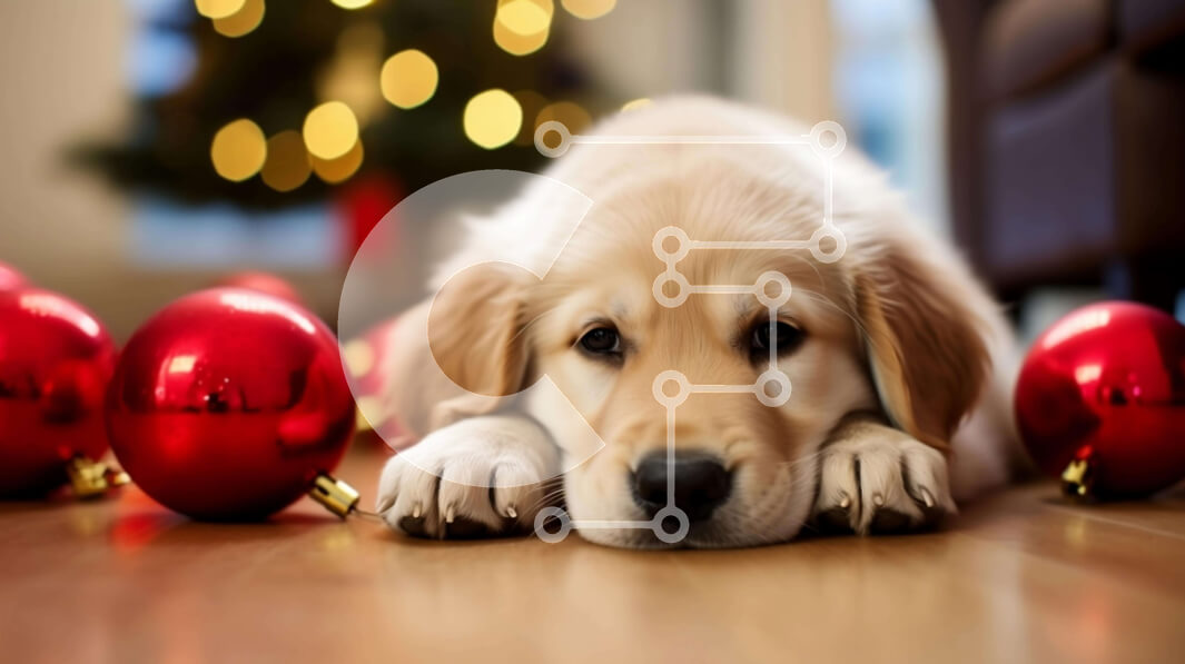 Intra Συλλεκτικό Ξύλινο Παζλ Plywood  4mm - Σκύλος Γκόλντεν Ριτρίβερ με κόκκινα χριστουγεννιάτικα στολίδια Σε Ξύλινο Κουτί - Διαστάσεις: 10x10 cm – 25 κομμάτια