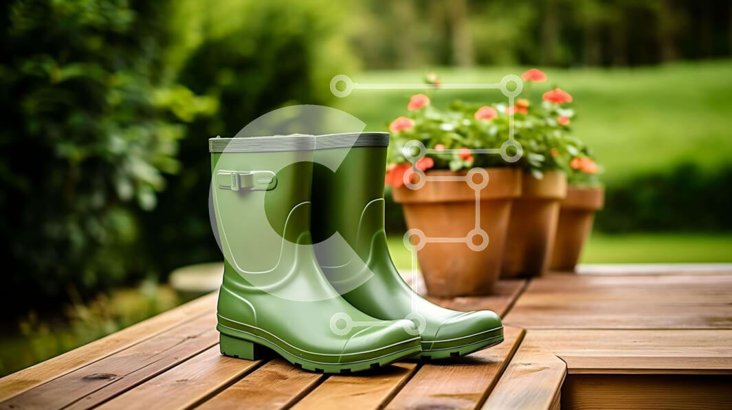 Intra Συλλεκτικό Ξύλινο Παζλ Plywood  4mm - Πράσινες μπότες βροχής και φυτά σε γλάστρες σε ξύλινο τραπέζι Σε Ξύλινο Κουτί - Διαστάσεις: 10x10 cm – 25 κομμάτια