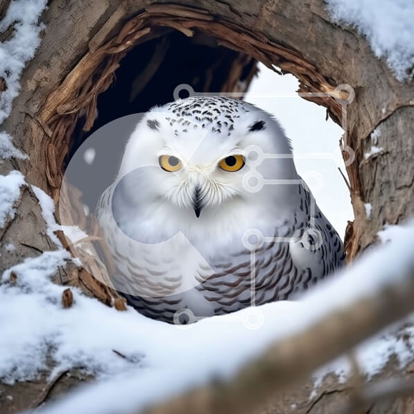 Intra Συλλεκτικό Ξύλινο Παζλ Plywood  4mm - Χιονώδης κουκουβάγια σκαρφαλωμένη σε ένα κοίλο δέντρου ﾖ Φωτογραφία Αρχείου Σε Ξύλινο Κουτί - Διαστάσεις: 10x10 cm – 25 κομμάτια