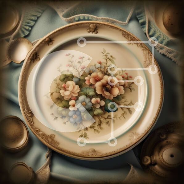 Intra Συλλεκτικό Ξύλινο Παζλ Plywood  4mm - Vintage πιάτο με λουλούδια με τσαγιέρα, μπολ ζάχαρης και κρέμα σε μπλε τραπεζομάντιλο Σε Ξύλινο Κουτί - Διαστάσεις Puzzle: 10x10 cm – 25 κομμάτια