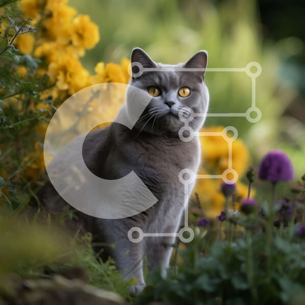 Intra Συλλεκτικό Ξύλινο Παζλ Plywood  4mm - Αξιολάτρευτη εικόνα της γκρίζας γάτας που κάθεται στον κήπο με τα κίτρινα λουλούδια Σε Ξύλινο Κουτί - Διαστάσεις: 10x10 cm – 25 κομμάτια