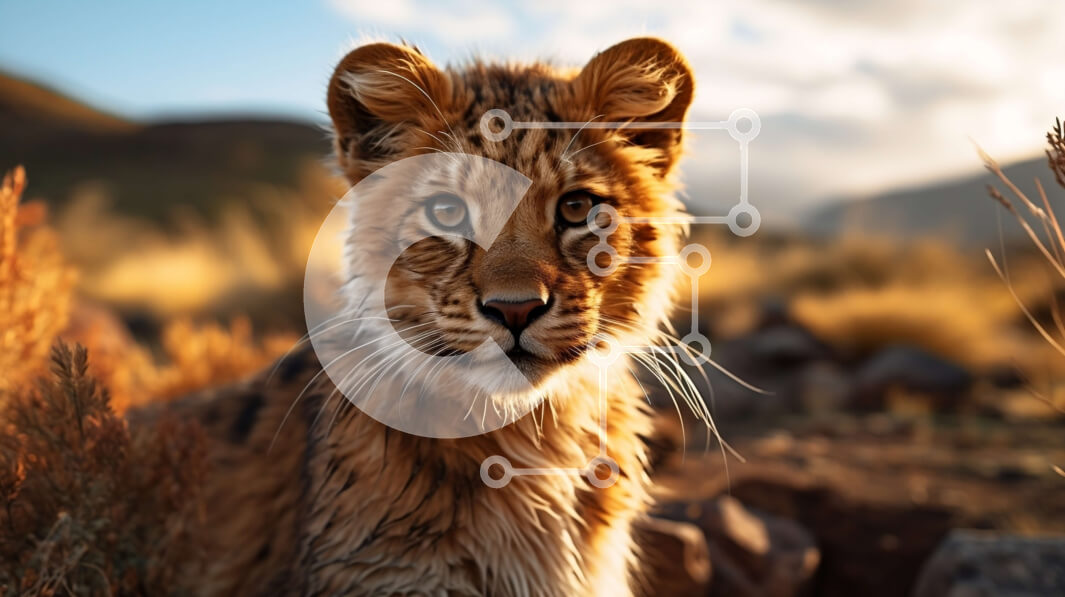 Σετ των 2 Intra Συλλεκτικό Ξύλινο Παζλ Plywood  4mm - Νεαρό λιοντάρι που στέκεται στο βραχώδες έδαφος με τα βουνά και τα σύννεφα Σε Ξύλινο Κουτί - Διαστάσεις: 10x10 cm – 25 κομμάτια