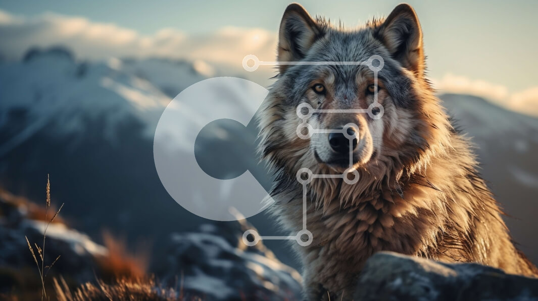 Intra Συλλεκτικό Ξύλινο Παζλ Plywood  4mm - Γκρίζος λύκος σε βραχώδες έδαφος με βουνά στο φόντο Σε Ξύλινο Κουτί - Διαστάσεις: 10x10 cm – 25 κομμάτια