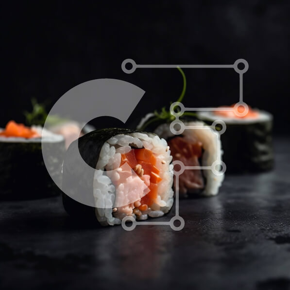 Σετ των 2 Intra Συλλεκτικό Ξύλινο Παζλ Plywood  4mm - Νόστιμο σούσι με ρολά σολομού και αβοκάντο σε σκοτεινό πιάτο Σε Ξύλινο Κουτί - Διαστάσεις: 10x10 cm – 25 κομμάτια