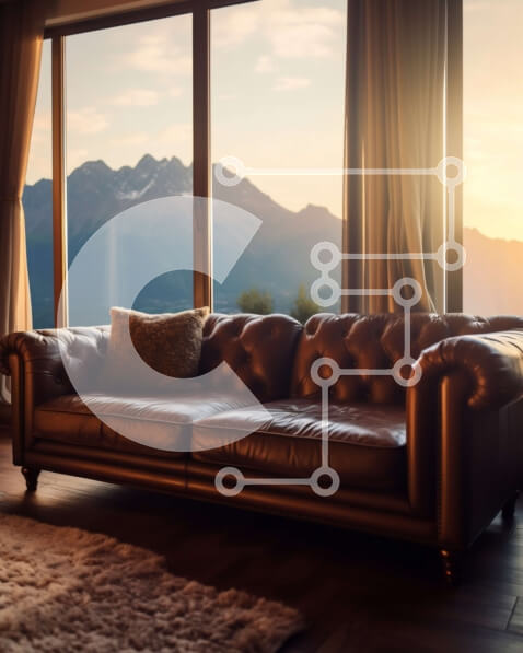 Intra Συλλεκτικό Ξύλινο Παζλ Plywood  4mm - Εκπληκτική θέα του δερμάτινου καναπέ και των βουνών στο ηλιοβασίλεμα Σε Ξύλινο Κουτί - Διαστάσεις Puzzle: 10x10 cm – 25 κομμάτια