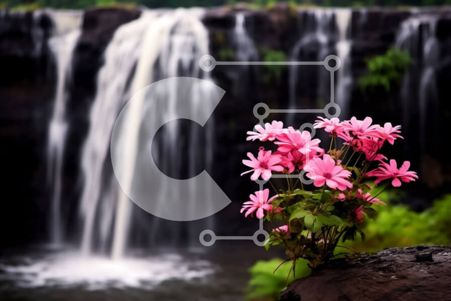 Intra Συλλεκτικό Ξύλινο Παζλ Plywood  4mm - Όμορφη εικόνα με ροζ λουλούδια και έναν καταρράκτη Σε Ξύλινο Κουτί - Διαστάσεις: 10x10 cm – 25 κομμάτια