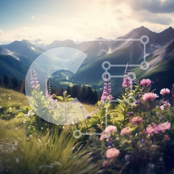 Intra Συλλεκτικό Ξύλινο Παζλ Plywood  4mm - Εκπληκτικό ορεινό τοπίο με μωβ αγριολούλουδα και χιονισμένα βουνά Σε Ξύλινο Κουτί - Διαστάσεις: 10x10 cm – 25 κομμάτια