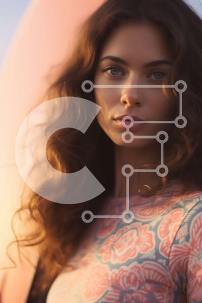 Intra Συλλεκτικό Ξύλινο Παζλ Plywood  4mm - Όμορφη γυναίκα στο ηλιοβασίλεμα με μακριά κυματιστά σγουρά μαλλιά και ροζ φλοράλ φόρεμα Σε Ξύλινο Κουτί - Διαστάσεις Puzzle: 10x10 cm – 25 κομμάτια