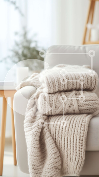 Intra Συλλεκτικό Ξύλινο Παζλ Plywood  4mm - Άνετη διακόσμηση σπιτιού: Στοίβα διπλωμένες κουβέρτες σε ξύλινο καναπέ Σε Ξύλινο Κουτί - Διαστάσεις Puzzle: 10x10 cm – 25 κομμάτια