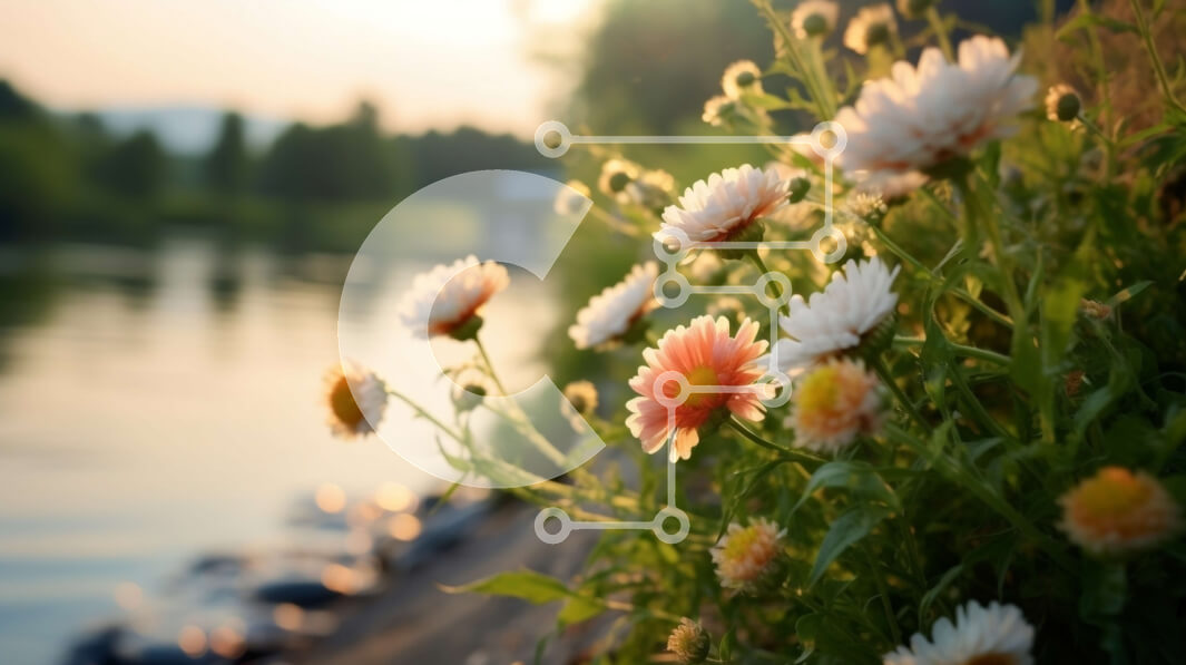 Intra Συλλεκτικό Ξύλινο Παζλ Plywood  4mm - Εκπληκτική εικόνα ενός χωραφιού με μαργαρίτες δίπλα στον ποταμό στο ηλιοβασίλεμα Σε Ξύλινο Κουτί - Διαστάσεις: 10x10 cm – 25 κομμάτια