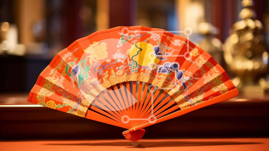 Intra Συλλεκτικό Ξύλινο Παζλ Plywood  4mm - Πορτοκαλί βεντάλια σε κόκκινο επιτραπέζιο με διακοσμητικά σχέδια Σε Ξύλινο Κουτί - Διαστάσεις: 10x10 cm – 25 κομμάτια