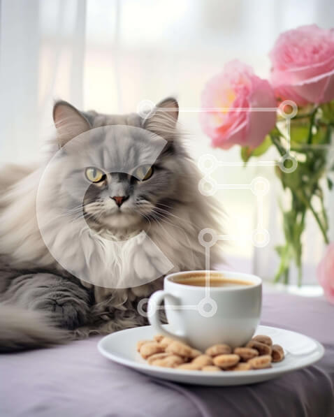 Σετ των 2 Intra Συλλεκτικό Ξύλινο Παζλ Plywood  4mm - Γκρίζα γάτα στο περβάζι παραθύρου με καφέ και μπισκότα Σε Ξύλινο Κουτί - Διαστάσεις: 10x10 cm – 25 κομμάτια