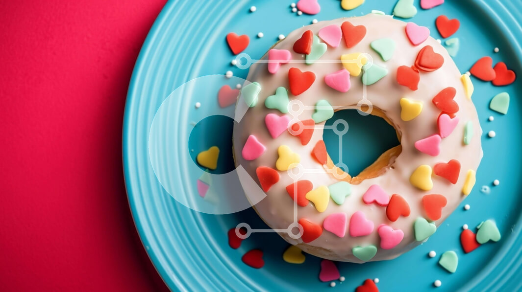 Σετ των 2 Intra Συλλεκτικό Ξύλινο Παζλ Plywood  4mm - Πολύχρωμο πασπαλισμένο ντόνατ σε μπλε πιάτο με καρδιές Σε Ξύλινο Κουτί - Διαστάσεις: 10x10 cm – 25 κομμάτια