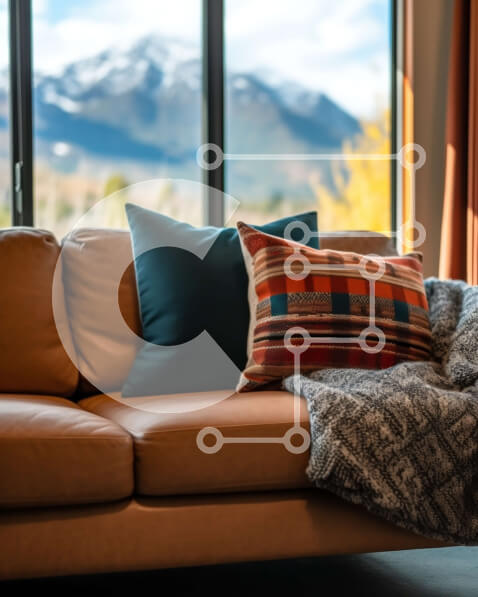 Intra Συλλεκτικό Ξύλινο Παζλ Plywood  4mm - Άνετο εσωτερικό με καφέ δερμάτινο καναπέ και θέα στο βουνό Σε Ξύλινο Κουτί - Διαστάσεις Puzzle: 10x10 cm – 25 κομμάτια