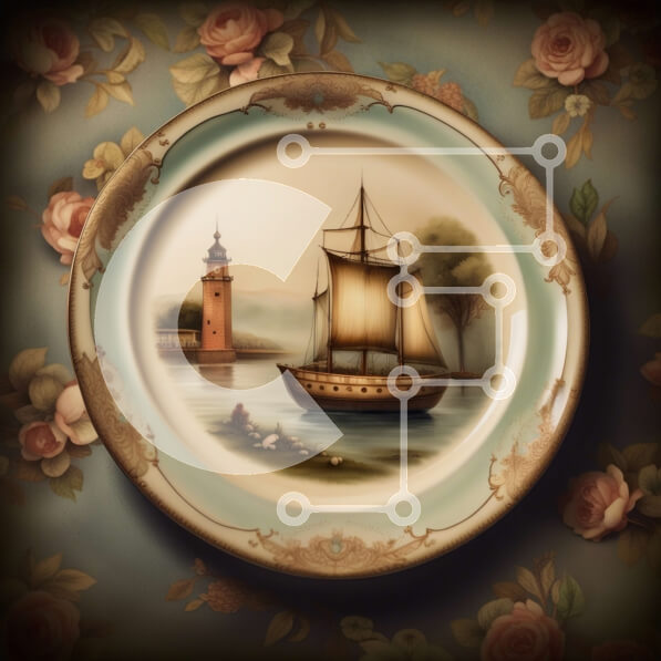 Intra Συλλεκτικό Ξύλινο Παζλ Plywood  4mm - Όμορφο Vintage πιάτο ζωγραφικής ιστιοπλοϊκού σε φλοράλ ταπετσαρία Σε Ξύλινο Κουτί - Διαστάσεις Puzzle: 10x10 cm – 25 κομμάτια