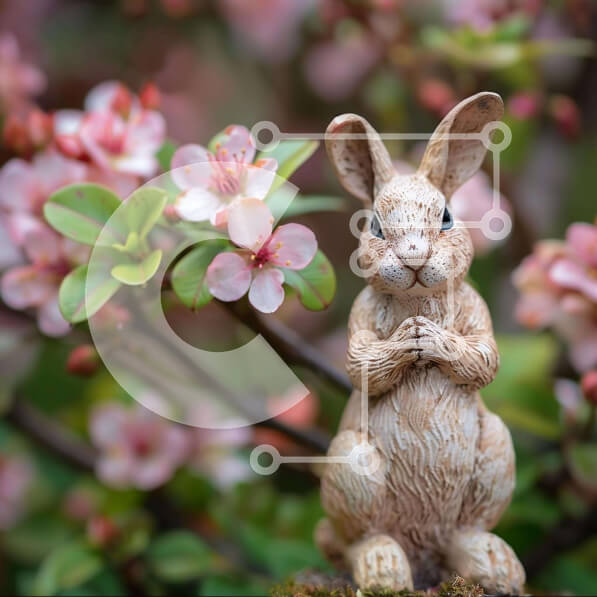 Intra Συλλεκτικό Ξύλινο Παζλ Plywood  4mm - Άγαλμα κουνελιού μπροστά από ροζ λουλούδια Σε Ξύλινο Κουτί - Διαστάσεις Puzzle: 10x10 cm – 25 κομμάτια