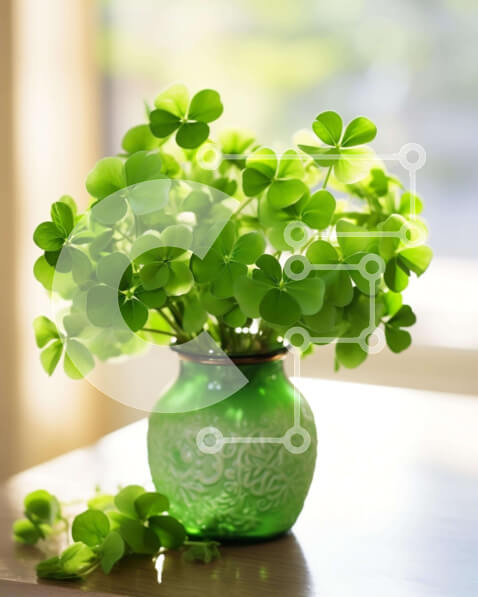 Intra Συλλεκτικό Ξύλινο Παζλ Plywood  4mm - Φύλλα τριφυλλιού σε πράσινο βάζο σε ένα τραπέζι δίπλα στο παράθυρο Σε Ξύλινο Κουτί - Διαστάσεις: 10x10 cm – 25 κομμάτια