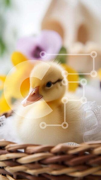 Σετ των 2 Intra Συλλεκτικό Ξύλινο Παζλ Plywood  4mm - Αξιολάτρευτο κίτρινο παπάκι σε ένα καλάθι με λουλούδια Σε Ξύλινο Κουτί - Διαστάσεις: 10x10 cm – 25 κομμάτια