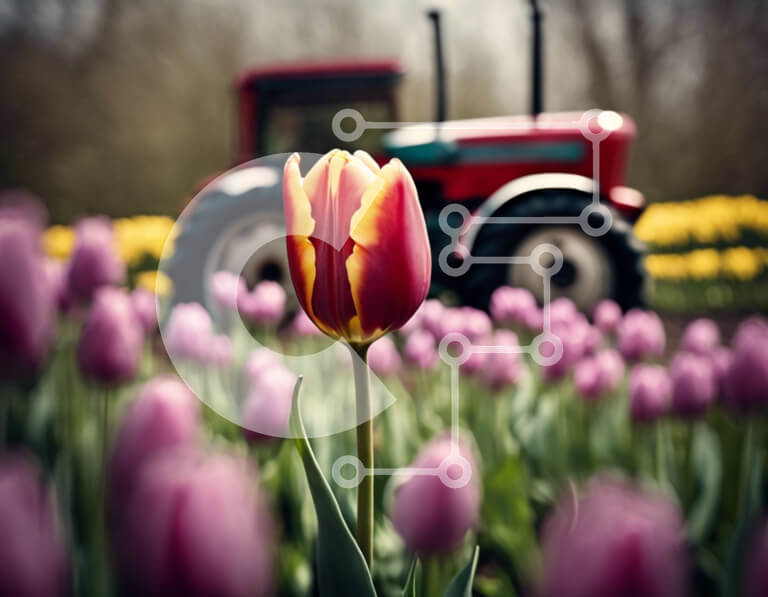 Intra Συλλεκτικό Ξύλινο Παζλ Plywood  4mm - Κόκκινη τουλίπα στο χωράφι με μωβ λουλούδια με τρακτέρ Σε Ξύλινο Κουτί - Διαστάσεις: 10x10 cm – 25 κομμάτια