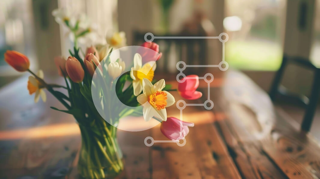 Intra Συλλεκτικό Ξύλινο Παζλ Plywood  4mm - Πολύχρωμη λουλουδένια σύνθεση σε διάφανο βάζο σε ξύλινη τραπεζαρία Σε Ξύλινο Κουτί - Διαστάσεις: 10x10 cm – 25 κομμάτια