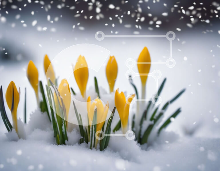 Intra Συλλεκτικό Ξύλινο Παζλ Plywood  4mm - Κίτρινα λουλούδια κρόκου στη χιονόπτωση Σε Ξύλινο Κουτί - Διαστάσεις: 10x10 cm – 25 κομμάτια