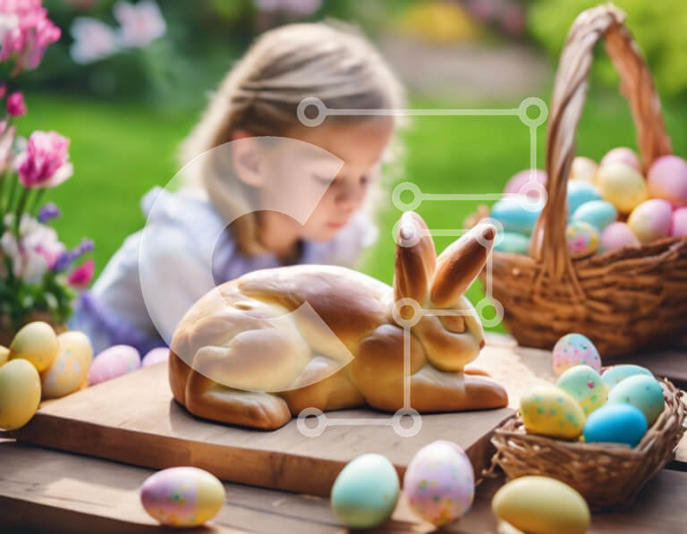 Intra Συλλεκτικό Ξύλινο Παζλ Plywood  4mm - Νεαρό κορίτσι και άγαλμα λαγουδάκι του Πάσχα με πολύχρωμα αυγά Σε Ξύλινο Κουτί - Διαστάσεις: 10x10 cm – 25 κομμάτια