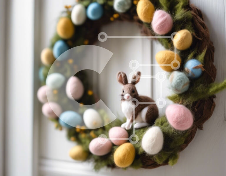 Intra Συλλεκτικό Ξύλινο Παζλ Plywood  4mm - Πολύχρωμο Πασχαλινό στεφάνι με αυγά και ειδώλια λαγουδάκι στην μπροστινή πόρτα Σε Ξύλινο Κουτί - Διαστάσεις: 10x10 cm – 25 κομμάτια